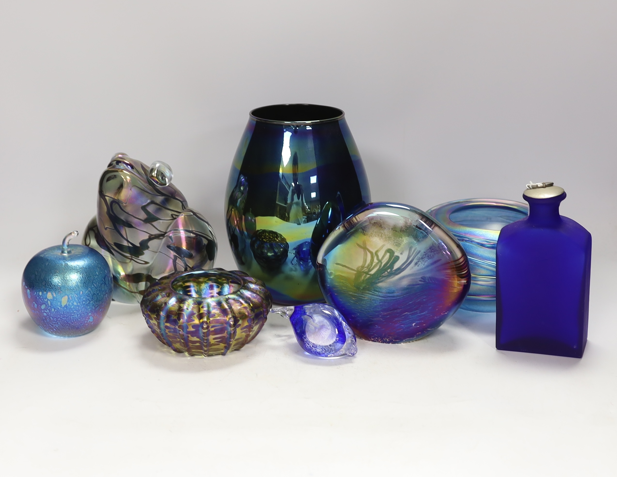 Eight items of ornamental glass including five John Ditchfield Glasforms, tallest 17.5cm